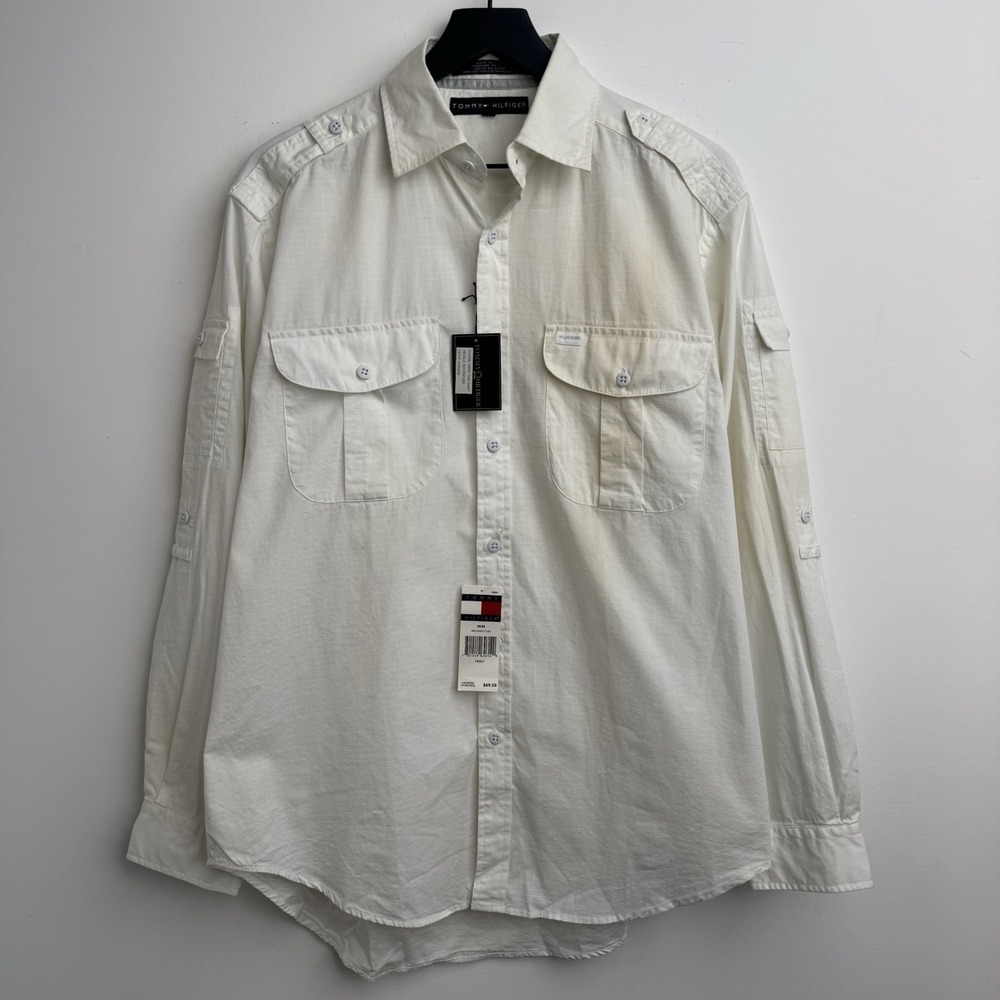 Tommy Hilfiger Shirt Mens M White Safari Utility Cargo Flaps Button Up Dobby NWT